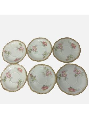 Limoges France Pouyat Porcelain Gold Rimmed Saucers Dessert 5.5” Floral set of 6